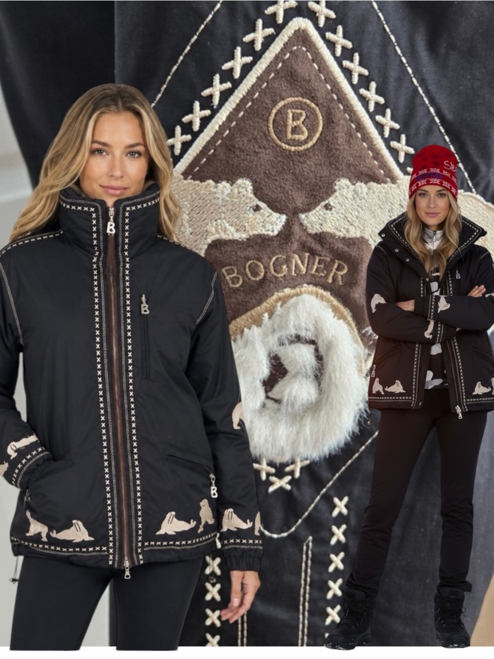 Bogner Black Ski Jacket with Cream Polar Bear Embroidered Motifs